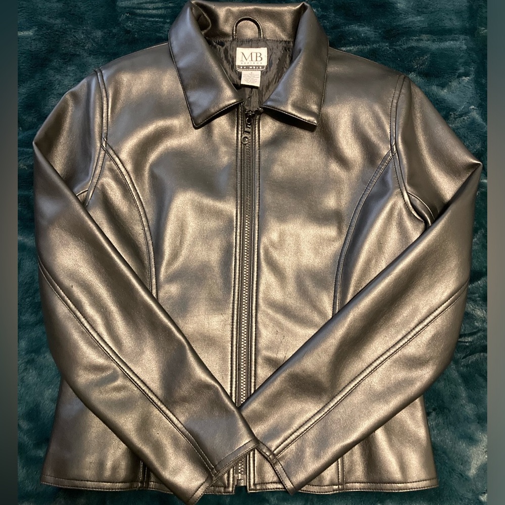 MB Designs by MBJC Classic Fitted Vegan Leather Jacket Edgy Collared with Zipper